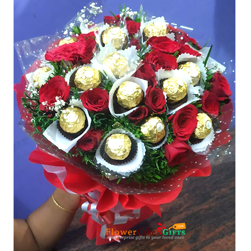 send 14 red roses 16 ferocher chocolate bouquet delivery