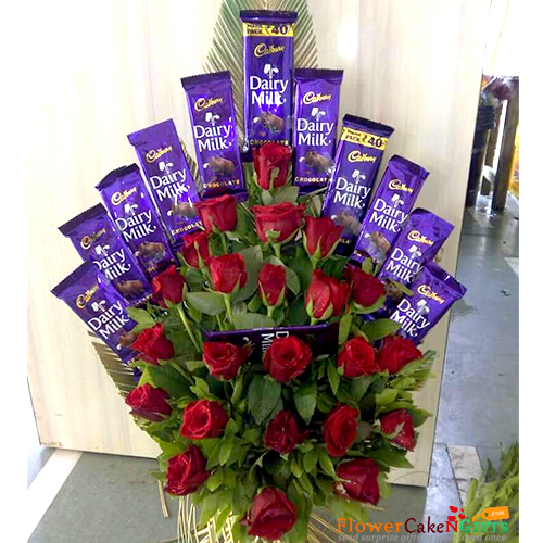 send 24 roses 12 dairy milk chocolates bouquet delivery