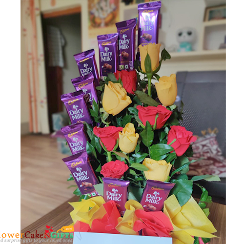 send 10 red yellow roses 10 day milk chocolate bouquet delivery