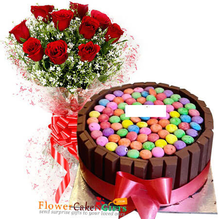 send ten mix roses half kg kitkat gems chocolate cake delivery