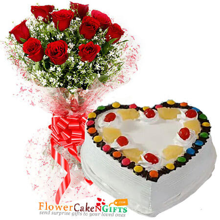 send half kg pineapple gems cake and 10 red roses bouquet delivery