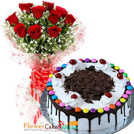 send half kg black forest cake and 10 red roses bouquet delivery