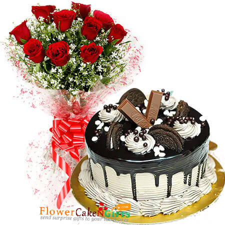 half kg kitkat oreo cake and 10 red roses bouquet
