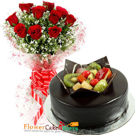 send half kg chocolate fruit cake and 10 red roses bouquet delivery