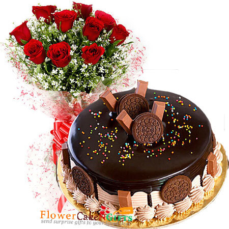 send kitkat oreo choco vanilla cake and 10 red roses bouquet delivery