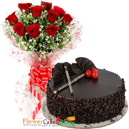 send half kg eggless choco chips cake and 10 red roses bouquet delivery