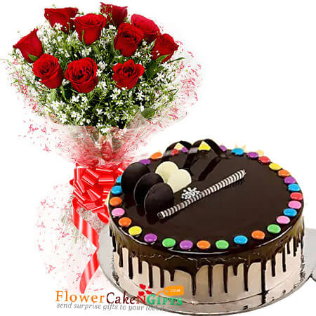 send half kg chocolate gems cake and 10 red roses bouquet delivery