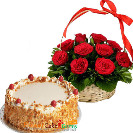 send Butterscotch Cake Half Kg N Red Roses Basket delivery
