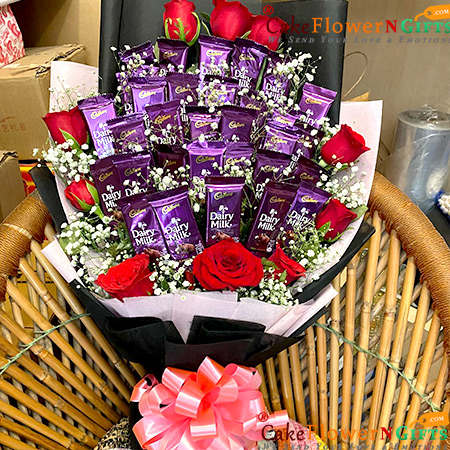 send 10 red roses 30 dairy milk chocolate bouquet delivery