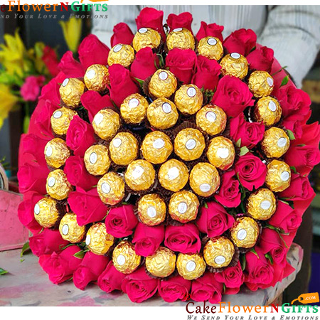 send 50 roses 40 ferroche chocolate bouquet delivery