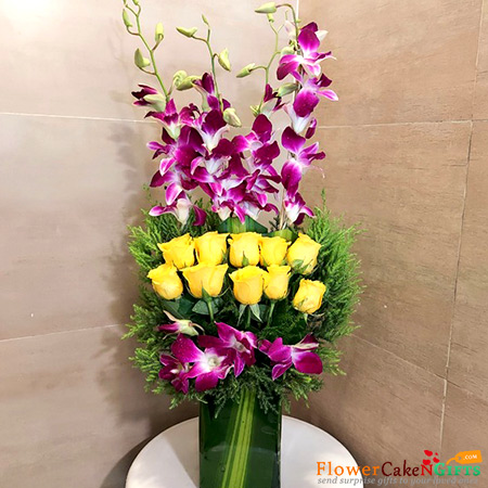 send 6 orchid 10 yellow roses vase delivery