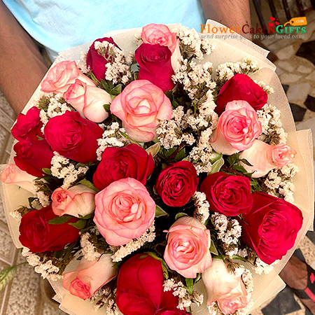 send 25 pink red roses bouquet delivery