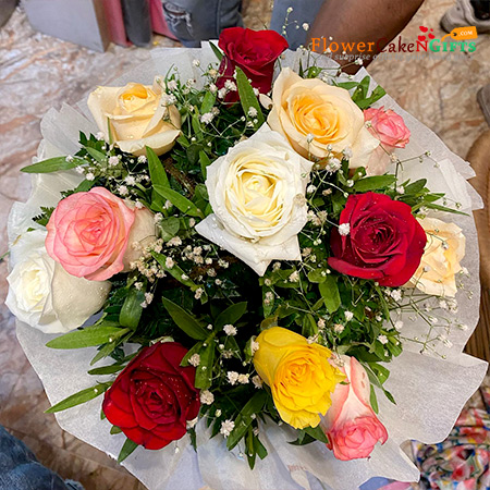 send 12 mix roses bouquet paper packaging delivery