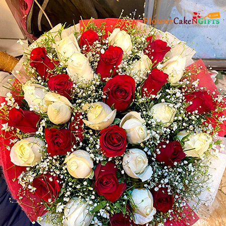 send 30 red white roses bouquet delivery