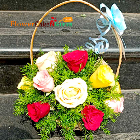 send 14 mix roses flower basket delivery