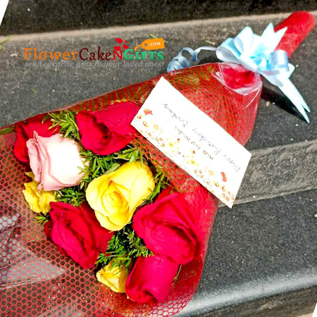 send 10 red yellow pink roses bouquet delivery