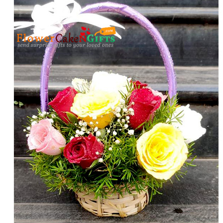 send 16 red yellow pink roses basket delivery
