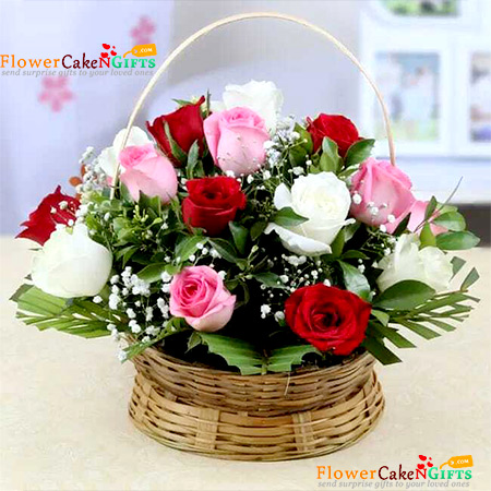 send 15 pink red white rose flower basket delivery