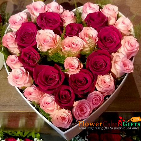 send 35 red pink roses heart shape arrangement delivery