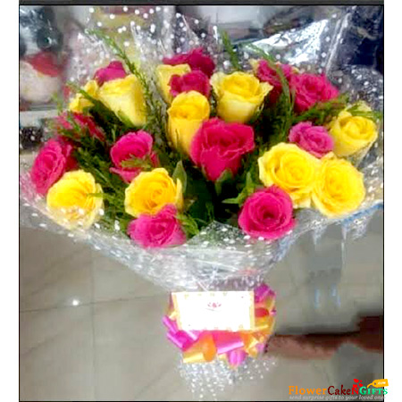 send 18 red yellow roses bouquet delivery