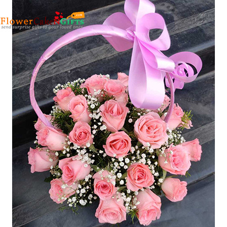 romantic 30 pink roses basket