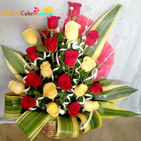 send attractive mixed 21 red yellow roses basket delivery