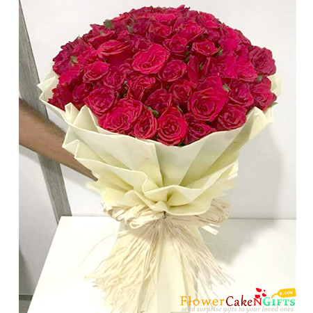send 65 Red Roses  white paper packing bouquet delivery