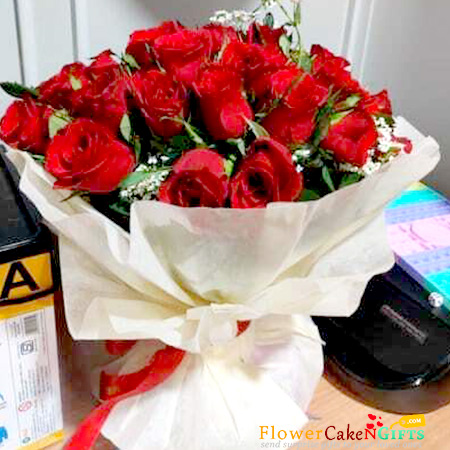 send 40 Red Roses  white paper packing bouquet delivery