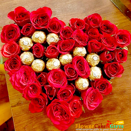 send 40 red roses 10 Ferrero Rocher chocolate heart shape arrangement delivery