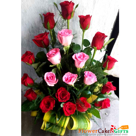 send 15 red 6 pink designer roses basket delivery