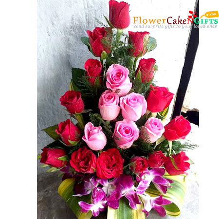 send 3 orchid 15 red rose 5 pink roses bouquet delivery