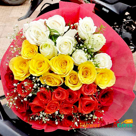send 34 red yellow white roses paper packing bouquet delivery