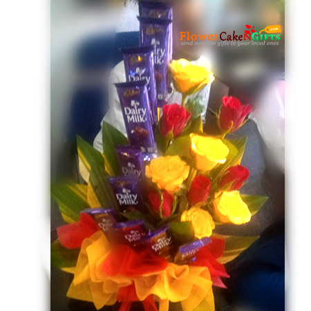 send 5 yellow 5 red roses 10 chocolate bouquet delivery