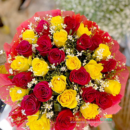 send 30 yellow red roses bouquet delivery