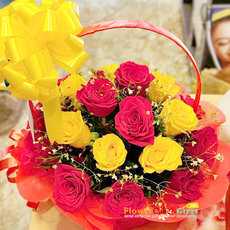 send 18 red yellow roses basket delivery
