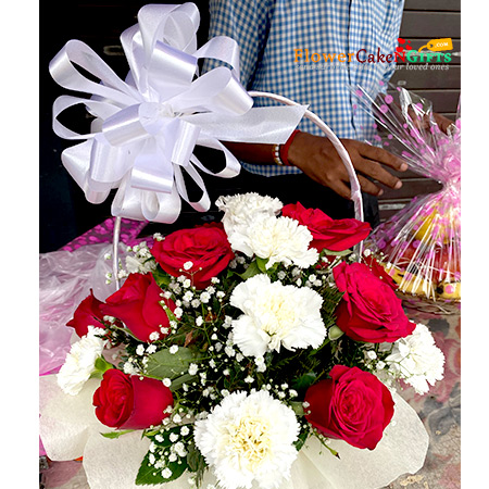 send 12 White Carnations  13 Red Roses  Basket Arrangement delivery