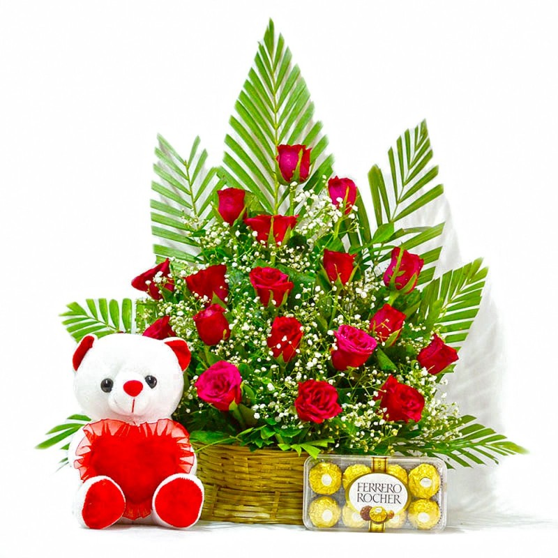 send 20 Red Roses Basket with Teddy Ferrero Rocher delivery