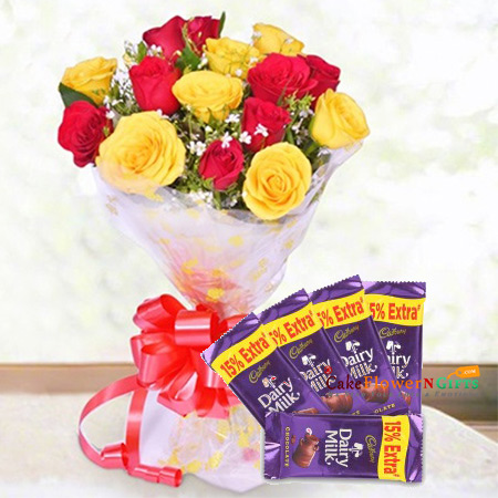 send 6 red 6 yellow roses bouquet with 5 dairy milk chocolate delivery