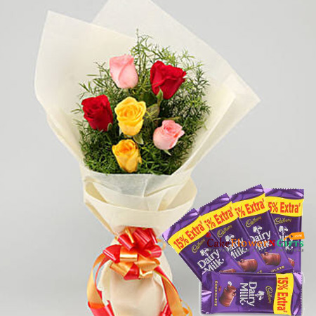 6 mix roses paper packing with 5 dairy milk chocolate