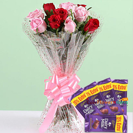 send 5 red 5 pink roses  with 5 dairy milk chocolate delivery