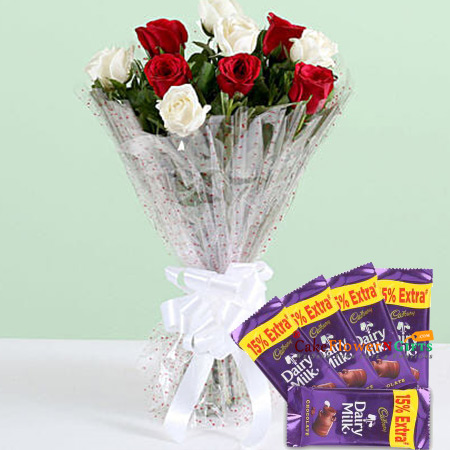 send 10 White Red Roses Bouquet 5 Chocolate delivery