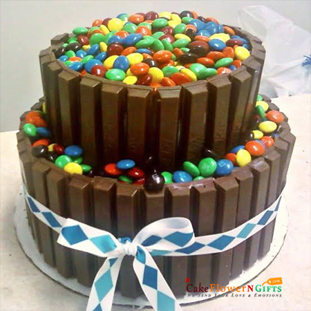 send 3 kg 2 tier chocolate kitkat gems cake delivery