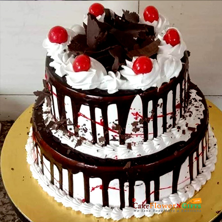 send 2kg 2 tier step black forest cake round shape delivery