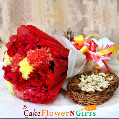 send 10 mix carnation flowers bouquet and half kg almonds cashews dry fruits hamper delivery