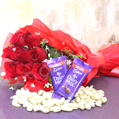 send 10 roses bouquet dairy milk chocolate n cashews dry fruits hamper delivery