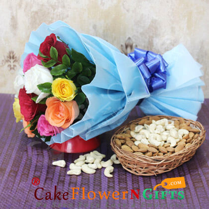 send 10 mix roses bouquet with almonds cashews dry fruits hamper delivery