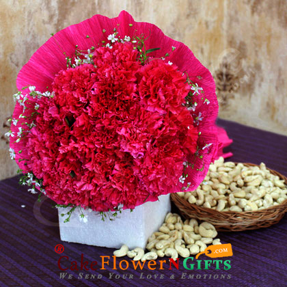 send 10 red carnation flowers bouquet and half kg cashews dry fruit delivery