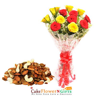 send red yellow rose bouquet with 250gms dry fruits delivery