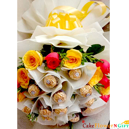 send 16 ferrero rocher and 16 roses bouquet delivery