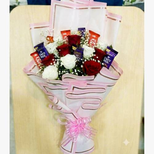 KitKat n Dairy Milk Chocolate Bouquet with Red n White Roses